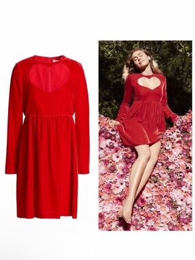 Chloé Red Mini Dress Velvet Heart Cutout Long Sleeve 4 Party Cocktail Runway 🟡